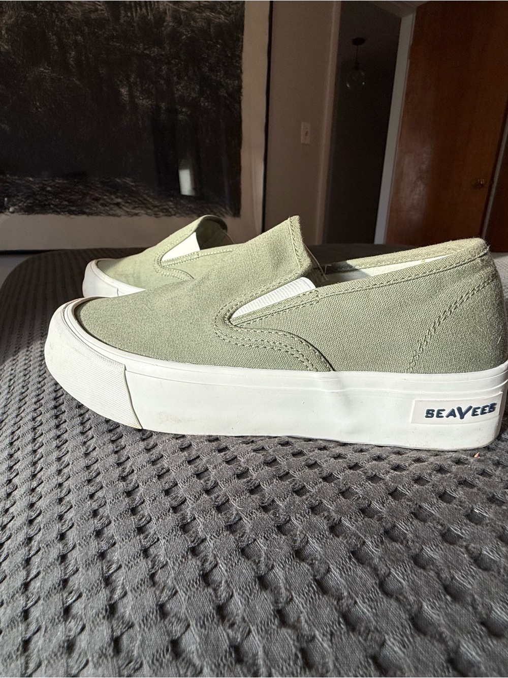 SeaVees Women's Slip-On Sneakers in Sage Green and White